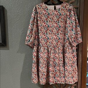 Pink Lily Floral Tiered Dress in White with Red & Teal Accents